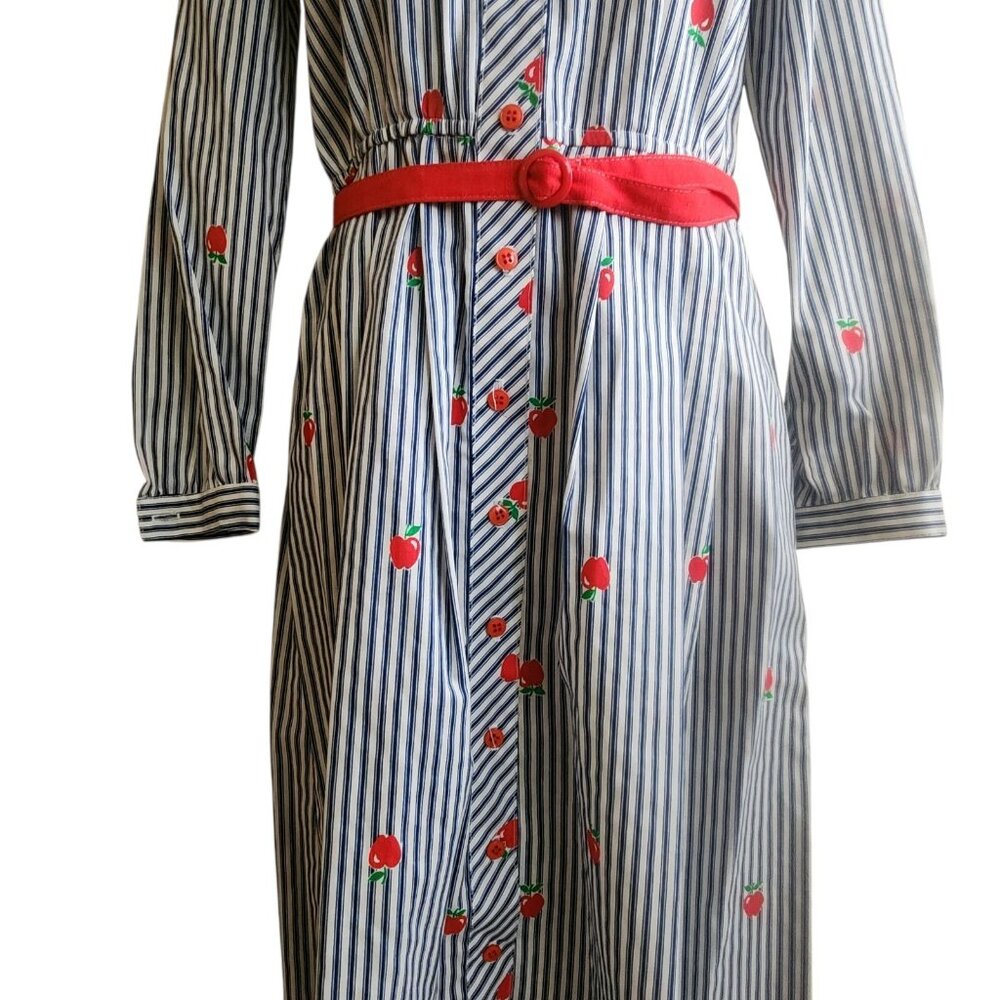 Vintage Lanz 1970s Belted Shirt Dress Teacher Apple Stripes Print Size 11/12 - Picture 9 of 16